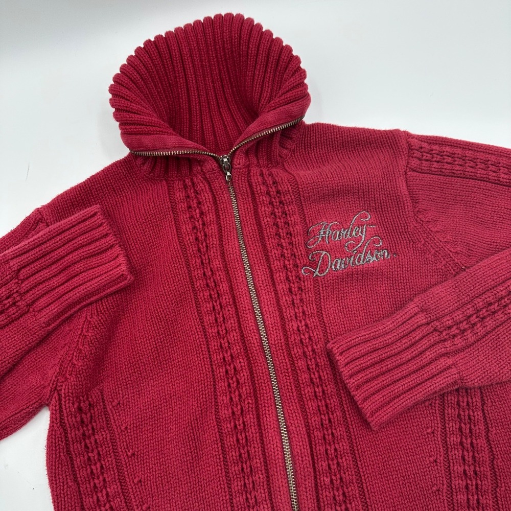 Harley Davidson Full Zip Cardigan Sweater Red Cotton Cable Knit Womens Large L